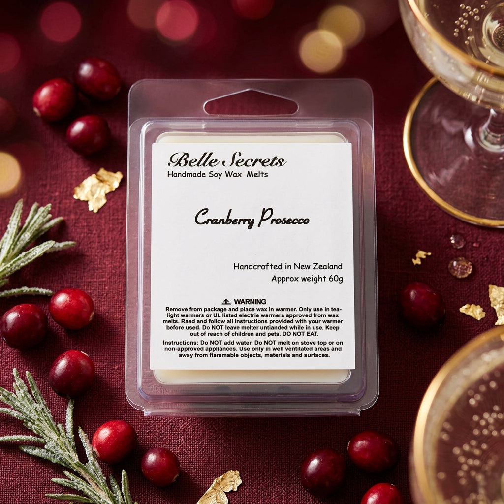 Elevate your space with the luxurious warmth of Cranberry Prosecco Soy Wax Melts. This sophisticated blend opens with bright citrus and tart cranberry notes, seamlessly transitions into elegant champagne at its heart, and concludes with a sensual base of musk and praline for a truly indulgent experience.