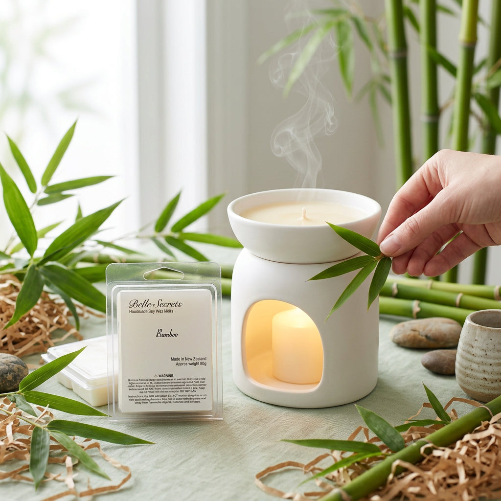 Soy wax melt in warm bamboo tone with fresh green fragrance, displayed in a wax warmer showing melted golden wax releasing crisp, clean ozoney scent; botanical home fragrance product for aromatherapy and room freshening.
