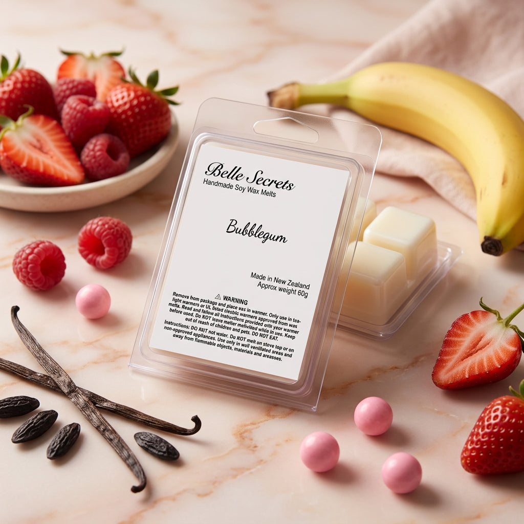 Soy Wax Melts - Bubblegum: nostalgic raspberry and strawberry top notes with creamy banana heart, warm tonka and vanilla base. 100% pure soy wax, pet-safe, paraben and phthalate-free. Hours of consistent fragrance for bedrooms, living spaces, and offices. Use in electric or tea-light warmer.