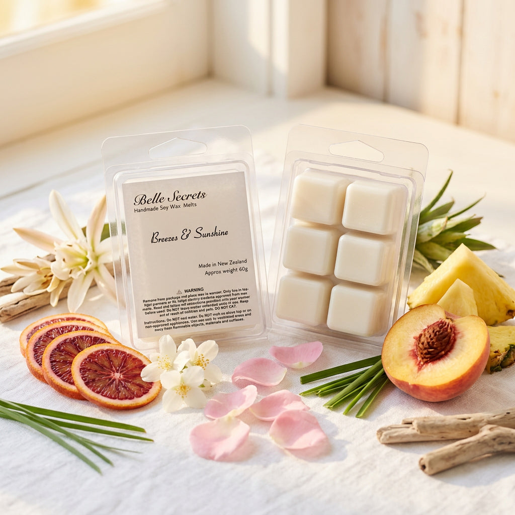 Soy wax melt in coastal-inspired fragrance with blood orange and sea waves top notes, transitioning through floral and fruity middle notes of cyclamen, jasmine, peach, pineapple, and rose, finishing with grounding cut grass, sea lily, and woody base notes. Product shown in natural lighting to highlight color and texture.