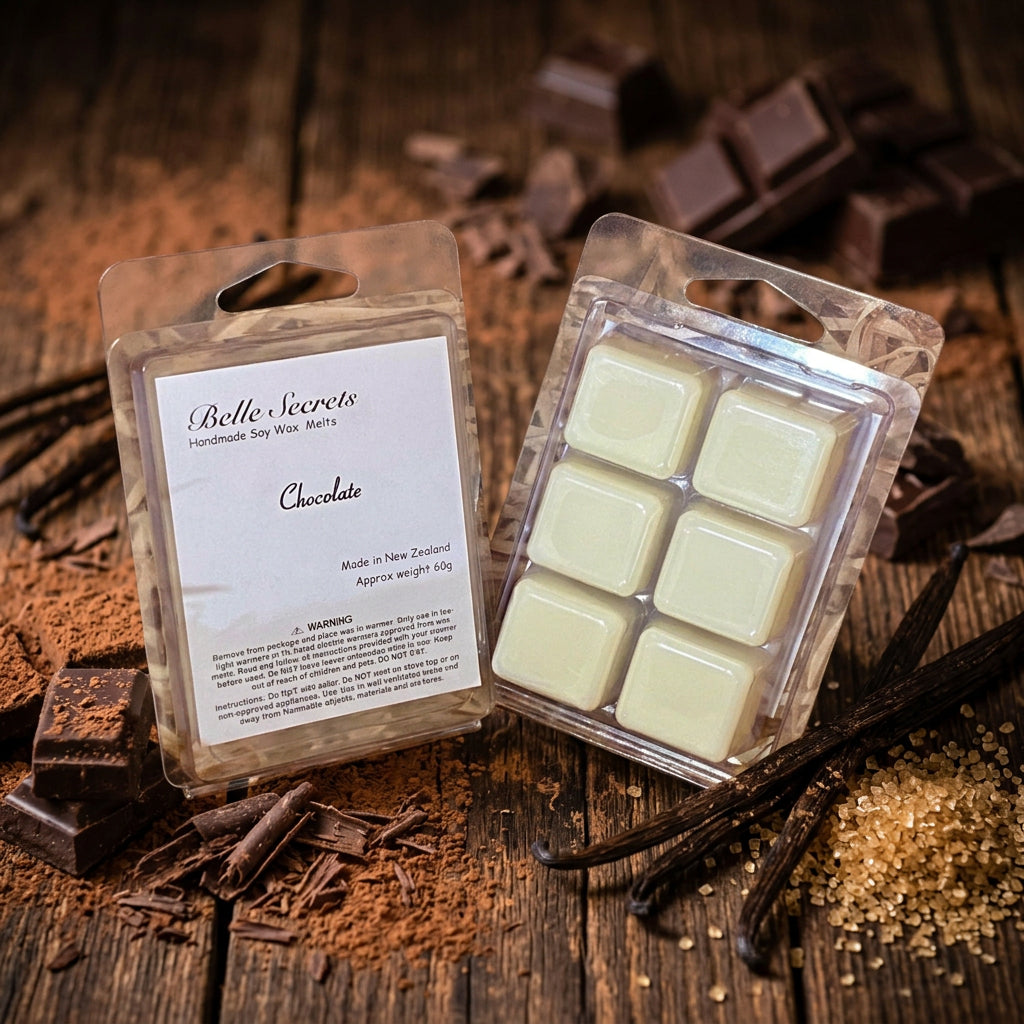 Soy wax melt in chocolate fragrance with sugar, cocoa, and vanilla notes in a golden-brown melt form, displayed against a warm neutral background.