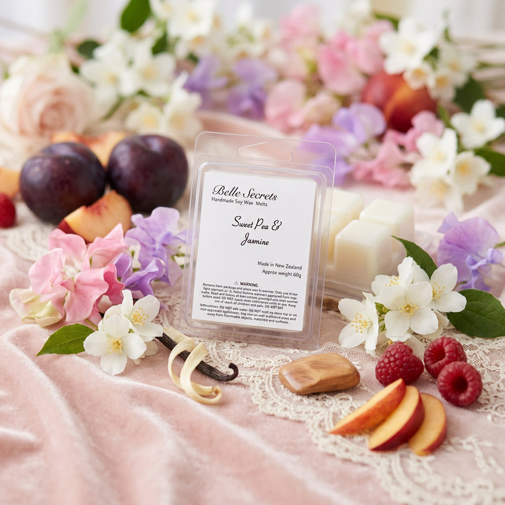 Warm, elegant soy wax melts blending sweet pea and white jasmine with vanilla, sandalwood, and musk. 100% pure soy wax, non-toxic, pet-safe, and paraben-free. Perfect for wax warmers to create a softly lingering floral fragrance throughout your home.