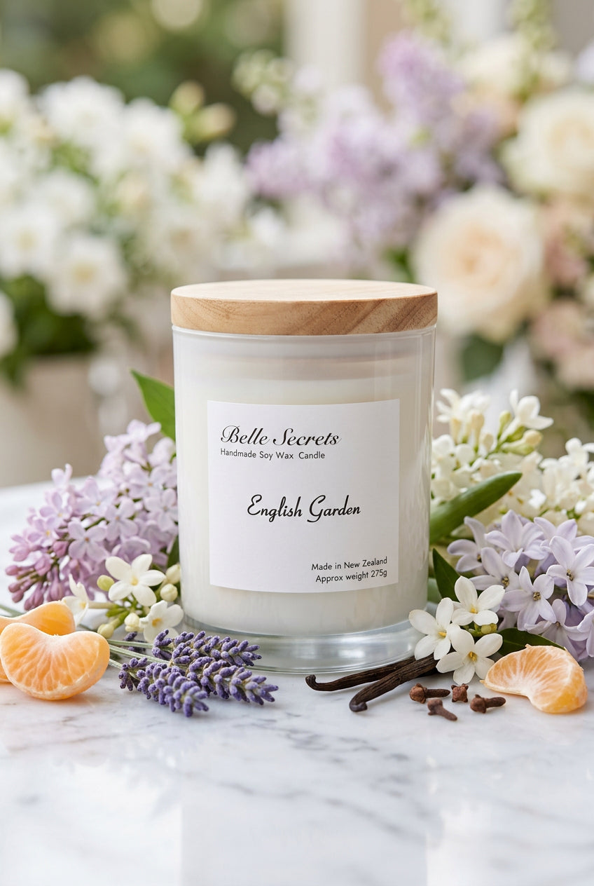 Scented soy wax candle in a clear glass container, English Garden fragrance, featuring layered floral notes of mandarin, lavender, lilac, jasmine, and vanilla on a warm, musk-based dry down. Eco-friendly, lead and zinc-free wick, pet safe.