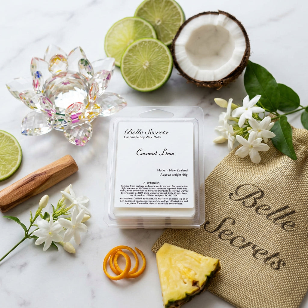 Tropical soy wax melt with coconut, lime, and orange top notes blending into jasmine and cyclamen, finishing with warm sandalwood, vanilla, and musk; eco-conscious, non-toxic, paraben-free, pet and child-safe; use in electric or tea-light warmer for hours of natural fragrance in any room.