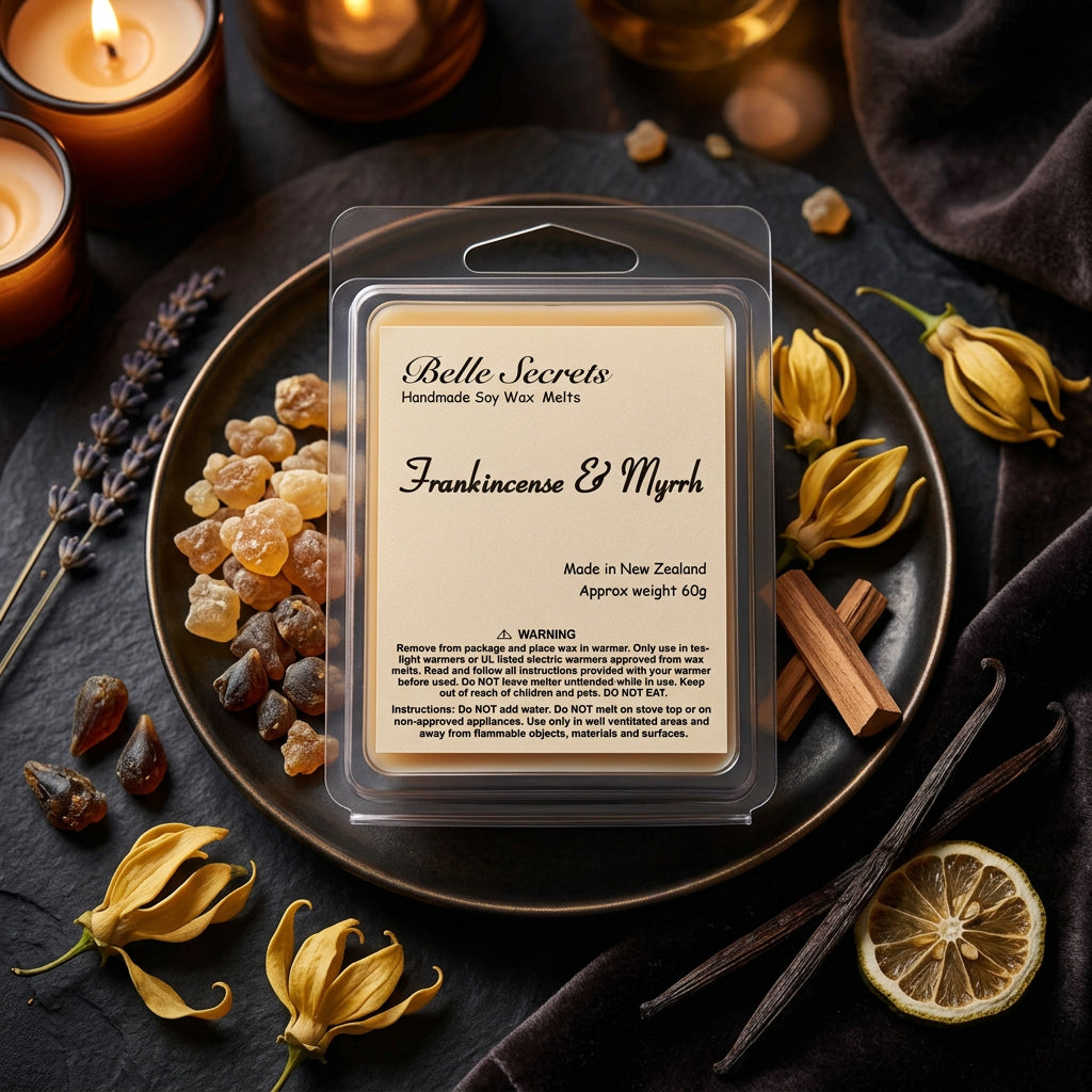 Envelop your space in the sacred warmth of Frankincense &amp; Myrrh – a sophisticated fragrance that blends ancient aromatics with modern comfort. Begin with the bright, invigorating top notes of ginger root and bergamot, awakening the senses. The heart reveals a delicate floral bouquet of lilac, lily of the valley, lavender, and ylang ylang, creating a balanced, elegant middle. Finish with a deep, grounding base of vanilla, sandalwood, frankincense, myrrh, and musk – a timeless closure that lingers beautif