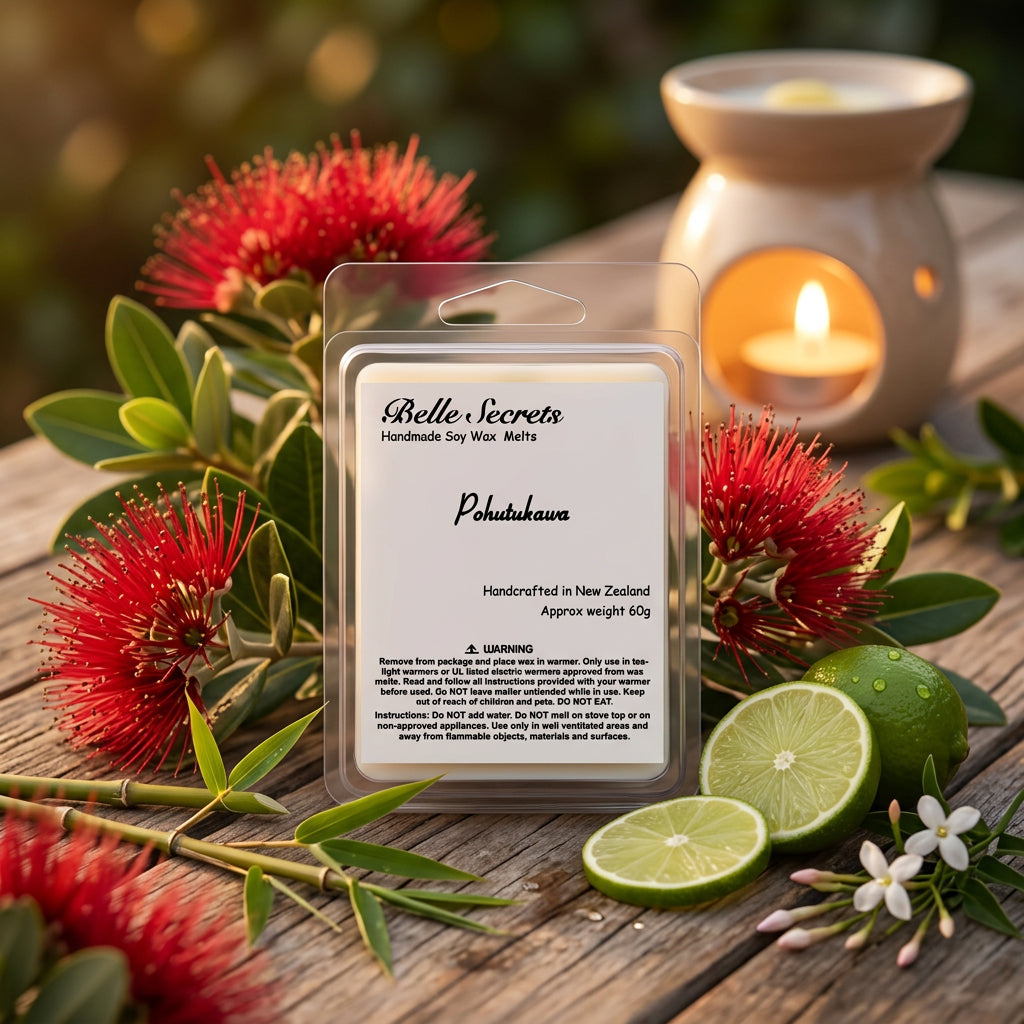 Discover the exotic allure of Pohutukawa soy wax melts, inspired by New Zealand's iconic crimson blooms. This sophisticated fragrance begins with a fresh burst of bamboo, lime, and spicy ginger, evolving into a delicate floral heart of lily of the valley, jasmine, and soft cashmere. The composition settles into a warm, grounding base of black cardamom and sandalwood that lingers beautifully throughout your space.