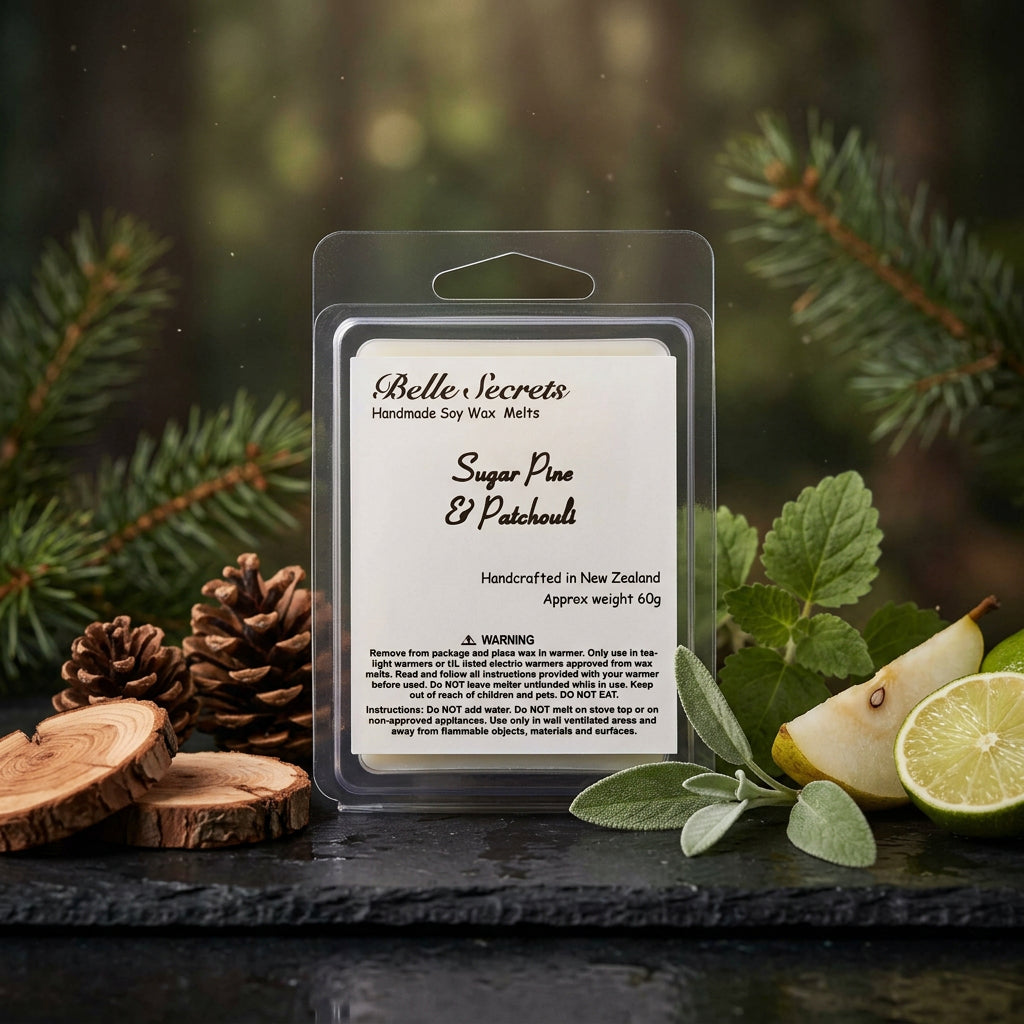 Indulge in the warm, woodsy embrace of Sugar Pine and Patchouli soy wax melts. This sophisticated blend opens with a fresh sparkle of lime and pear, evolving into a rich heart of patchouli and sage. The fragrance settles into a deep, grounding base of balsam, pine, and cedar that fills your home with understated elegance.