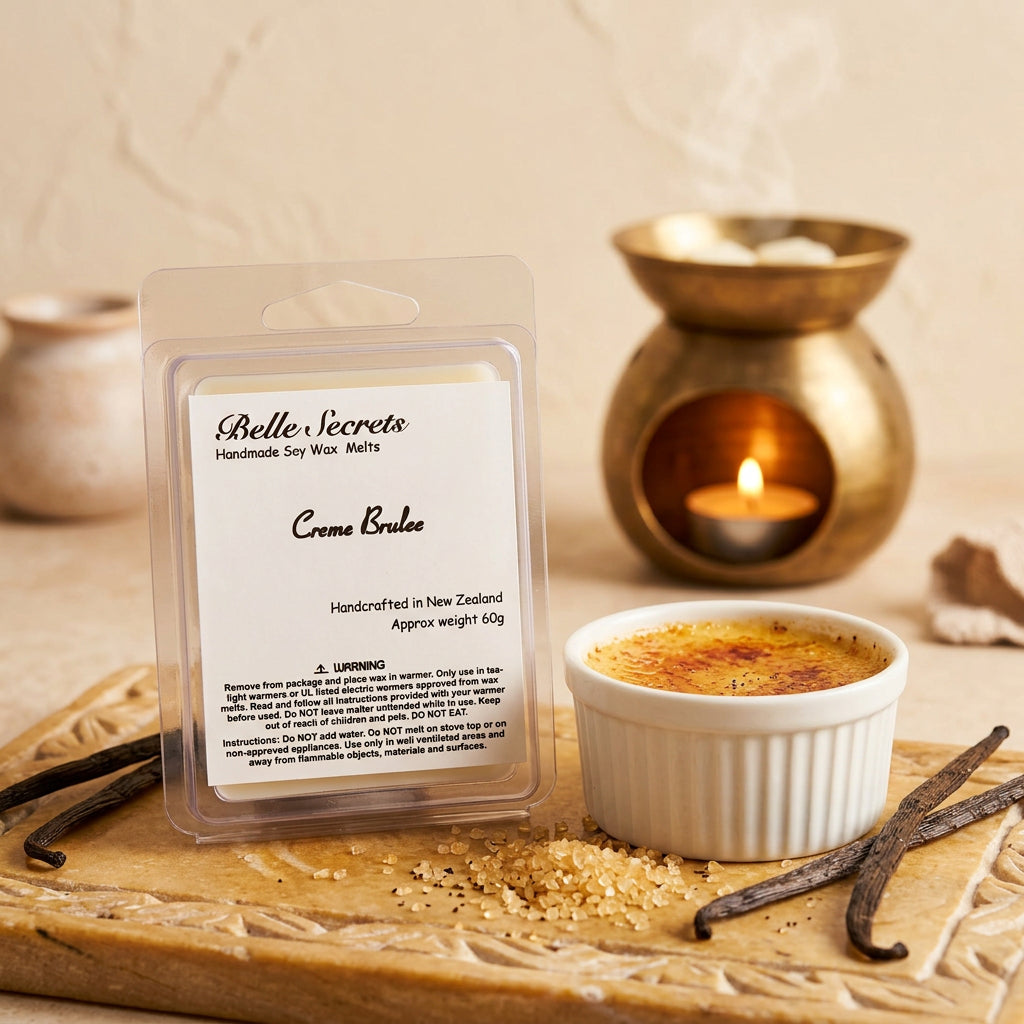 Indulge in the sweet elegance of Creme Brulee Soy Wax Melts. This gourmet fragrance opens with rich caramel, unfolds into a delicate heart of pure sugar, and settles into a creamy custard base that lingers beautifully throughout your space.