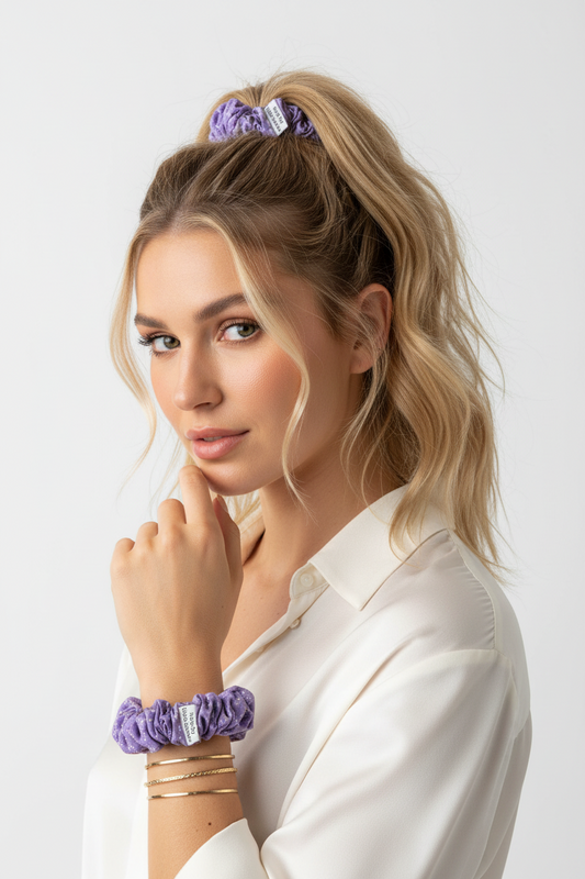 A blonde woman wearing a purple scrunchie in her hair and a matching purple scrunchie on her wrist, made by belle secrets nz