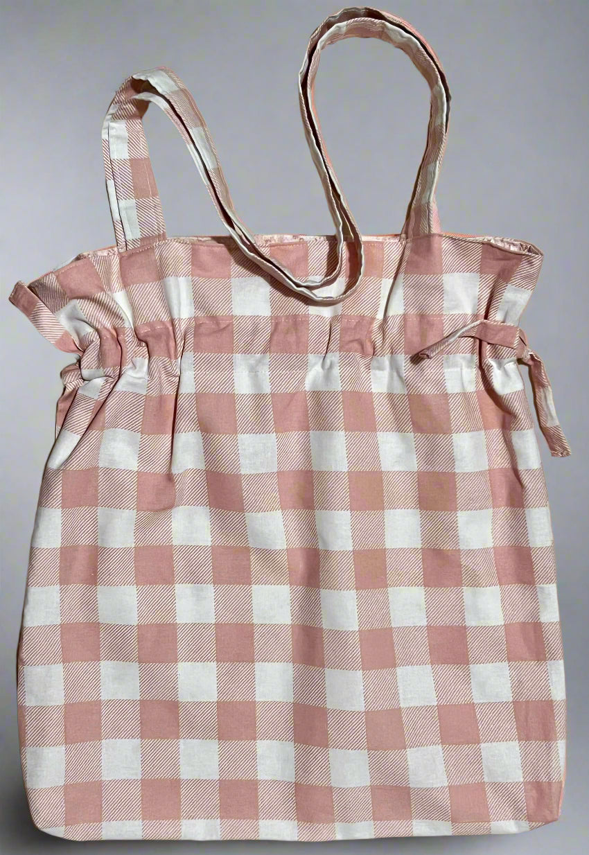 belle secrets, pink gingham totebag, gingham tote bag, tote bag, pink and white tote bag, string bag, canvas tote bag, tote bag nz