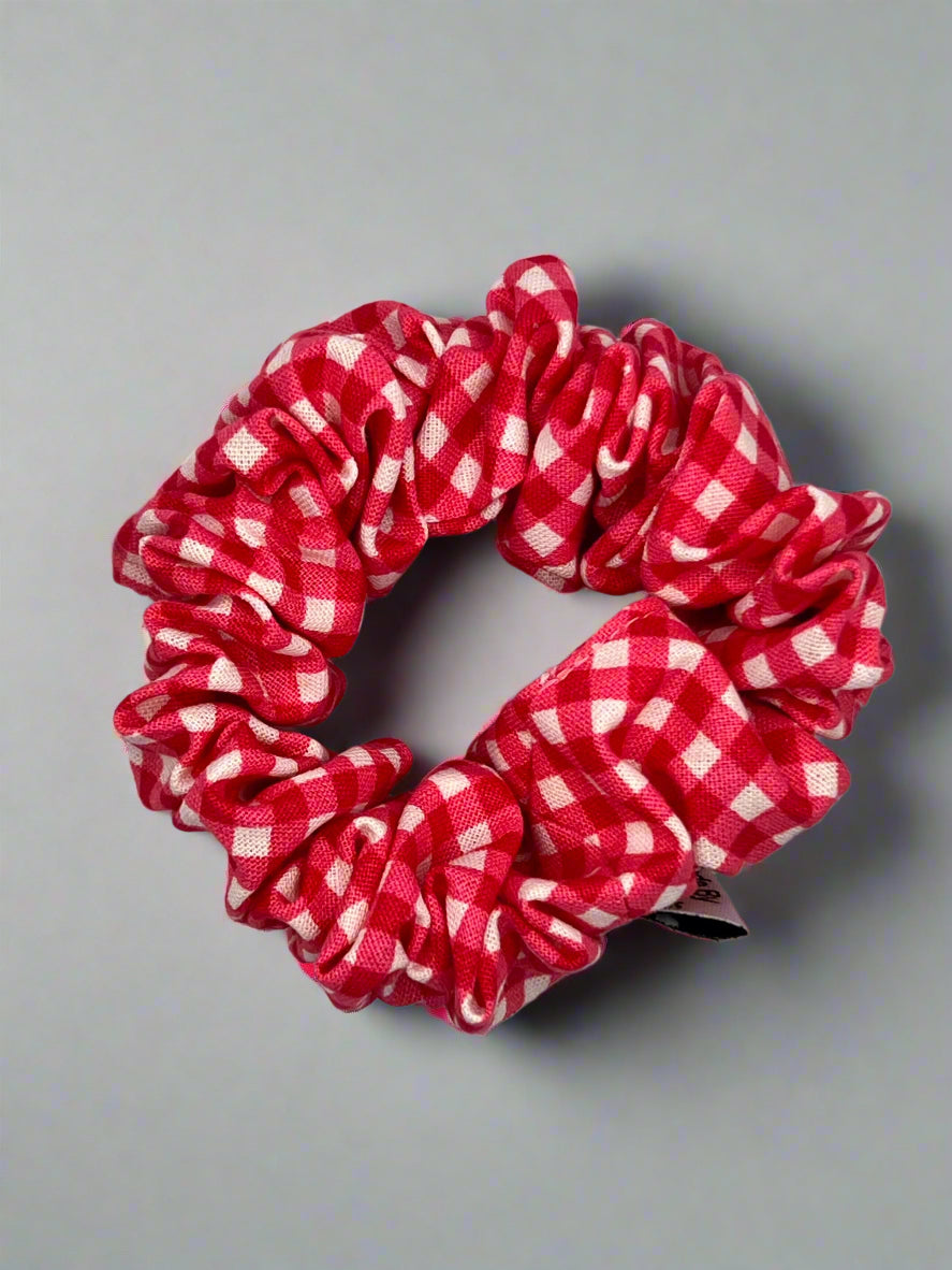 belle secrets, handmade scrunchies, best hair accessories, colour red, red scrunchies, gingham scrunchies, regular scrunchies