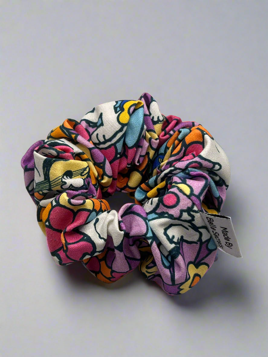 belle scecrets, handmade in new zealand, scrunchies cotton, scrunchies large size, snoopy and peanut, purple, pink, yellow