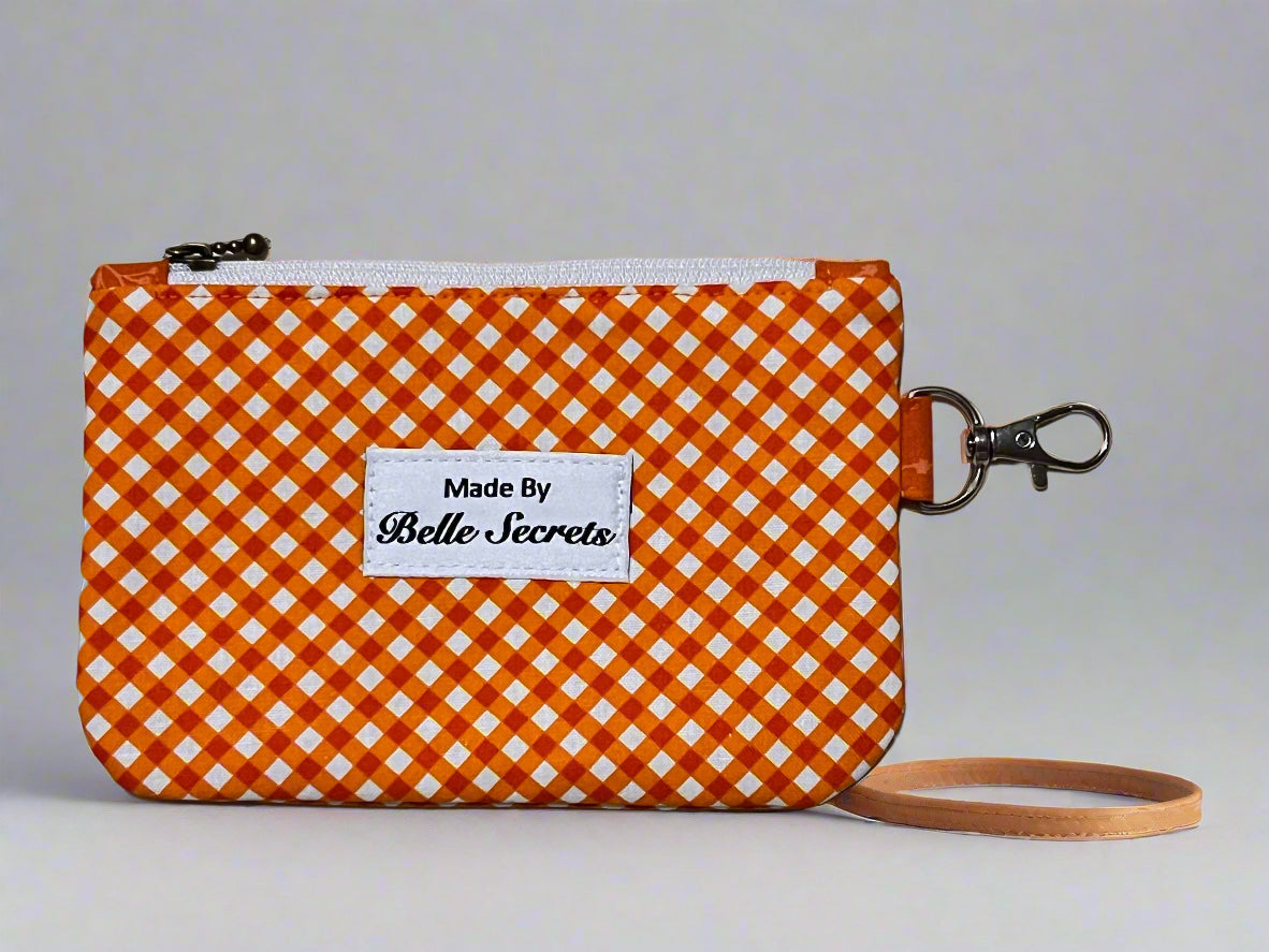 belle secrets betty purse, betty purse, orange  gingham, gingham purse, cheap purse nz, ladies purse in nz, luxury purse nz, handmade purse in nz, made in new zealand