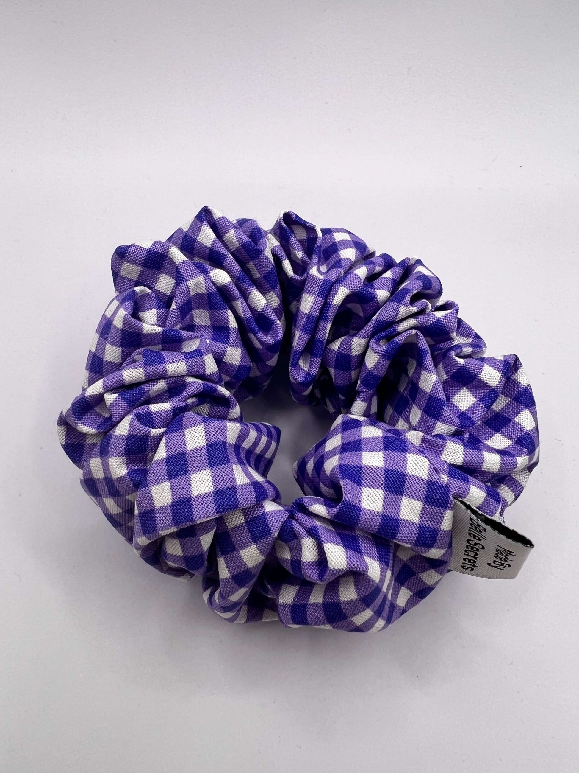 handmade scunrchies, made in nz, belle secrets, gingham, cotton, purple, large