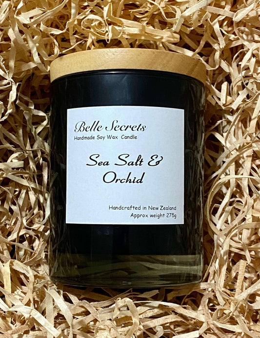 Belle Secrets handmade soy wax candle nz made sea salt and orchid black jar or tumbler- aroma, fragrances-oil, essential, ideal-gift,100%-environment-friendly, natural, dog, cat,cheap, non-toxic, lead-free, zinc-free, relax. calm, birthday, christmas, anniversary, weddings, skin safe, ecosoya, tea-light, candle-nz, light, birthday-candle, glasshouse-candle, container-candle, jar-candle, citronella, glass, wood, cotton, candle-creation, pure-nature, pillar-candle, votives, candle, luxury,best, scented, safe