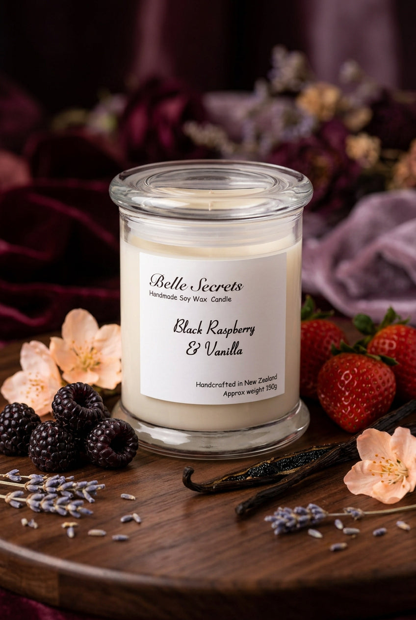 Luxurious soy wax candle with Black Raspberry, Vanilla, and floral notes in elegant glass container; hand-poured, eco-friendly, pet-safe home fragrance with lead-free wick and clean-burning premium ingredients.