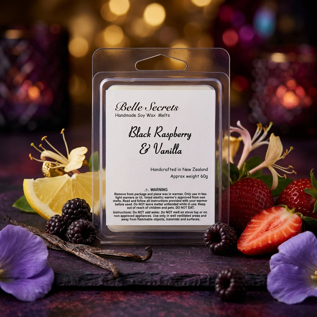 Luxurious soy wax melt in Black Raspberry and Vanilla fragrance displayed in a warmer, releasing aromatic wisps of warm amber and berry scent. Close-up of creamy vanilla-colored wax with visible berry and floral notes. Cozy home interior with wax melt warmer creating a warm, inviting ambiance with soft lighting. Flame-free, pet-safe soy wax melt in elegant packaging ready for gifting. Comparison of wax melt in hand next to approved electric warmer showing proper usage. Overhead view of multiple Black Raspbe