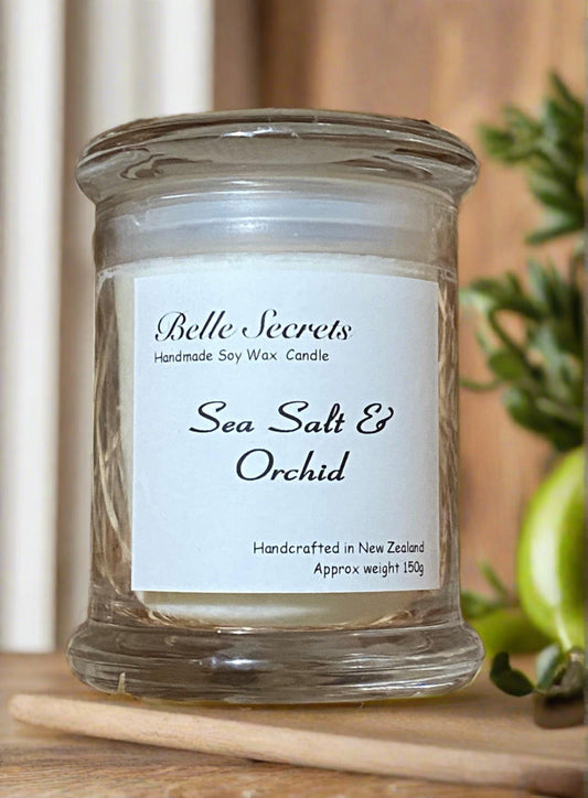 Scented Soy Wax Candle - Sea Salt and Orchid - Belle Secrets- aroma, fragrances-oil, essential, ideal-gift,100%-environment-friendly, natural, dog, cat,cheap, non-toxic, lead-free, zinc-free, relax. calm, birthday, christmas, anniversary, weddings, skin safe, ecosoya, tea-light, candle-nz, light, birthday-candle, glasshouse-candle, container-candle, jar-candle, citronella, glass, wood, cotton, candle-creation, pure-nature, pillar-candle, votives, candle, luxury,best, scented, safe
