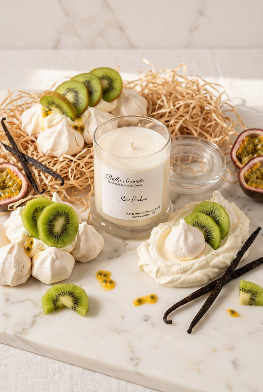 Artisan soy wax candle in a glass container, creamy vanilla and marshmallow fragrance with crispy meringue notes, eco-friendly and pet-safe, perfect for home ambiance and relaxation.