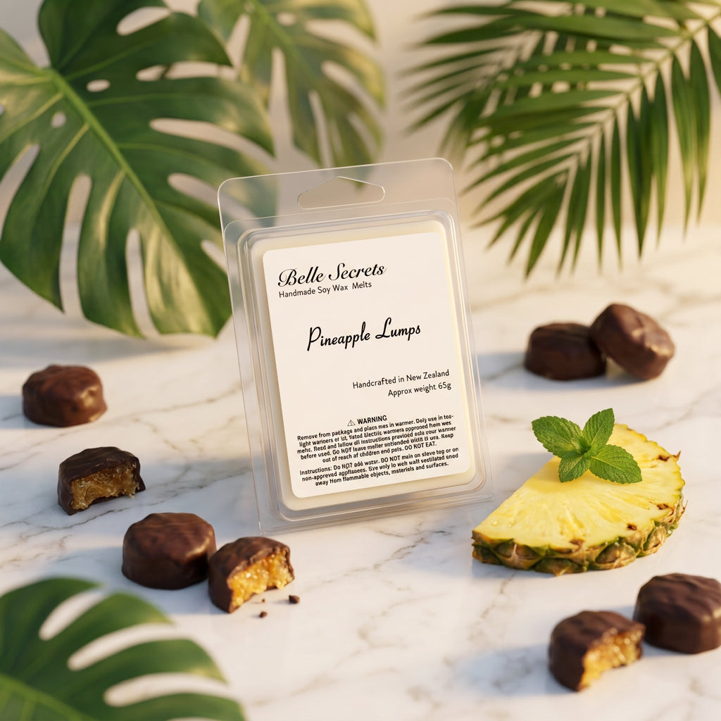 Soy wax melts in warm pineapple and chocolate fragrance, inspired by the iconic Kiwi treat Pineapple Lumps. 100% pure soy wax, paraben-free, pet-safe, and non-toxic. Perfect for creating a nostalgic, inviting atmosphere in any room using an approved wax warmer.