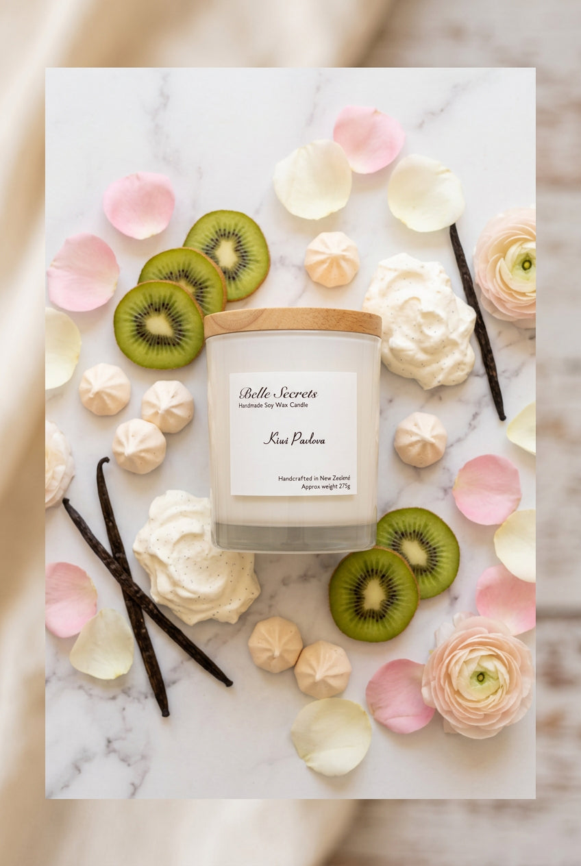 Elegant white glass soy wax candle with Kiwi Pavlova fragrance. Notes of sugary crispy meringue, creamy marshmallow, and vanilla pod. 100% pure soy wax, lead and zinc-free wick, pet safe, non-toxic. Eco-friendly home fragrance for sophisticated spaces.